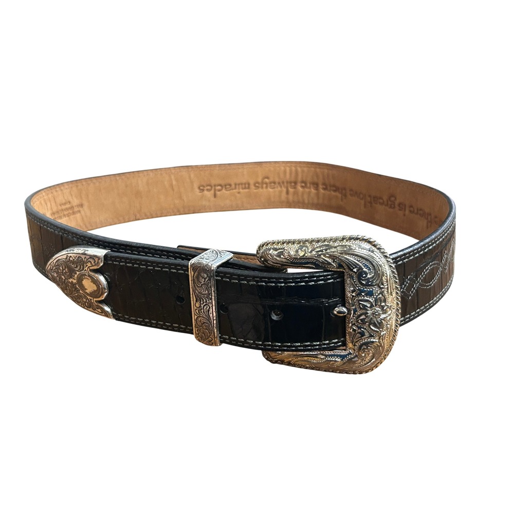 Ariat Mens Black Croc Embossed Leather Western Belt Engraved Silver Buckle 30/75
